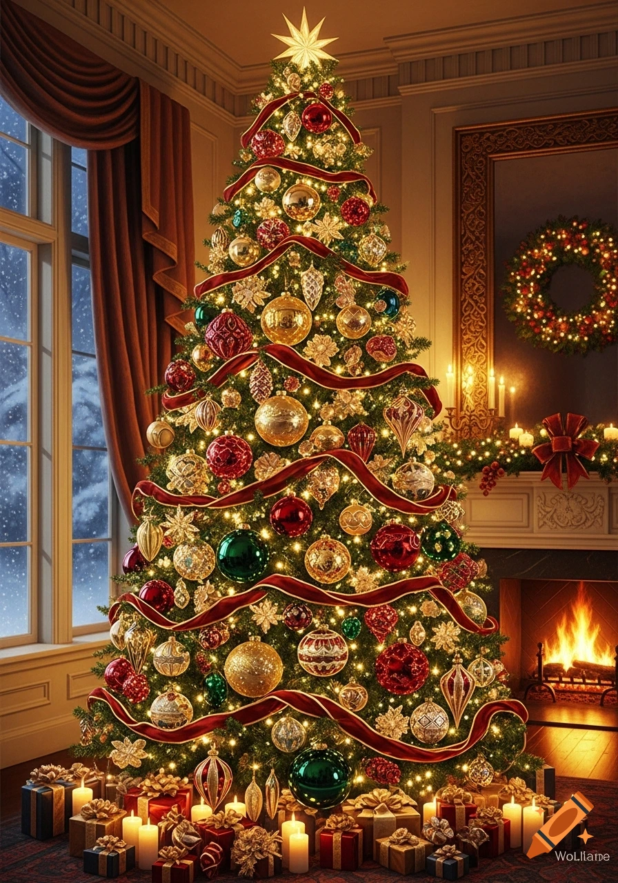 A grand Christmas tree, richly decorated with red ribbons, golden ornaments, and twinkling lights, surrounded by gifts and candles in a cozy room with a fireplace and snowy window.