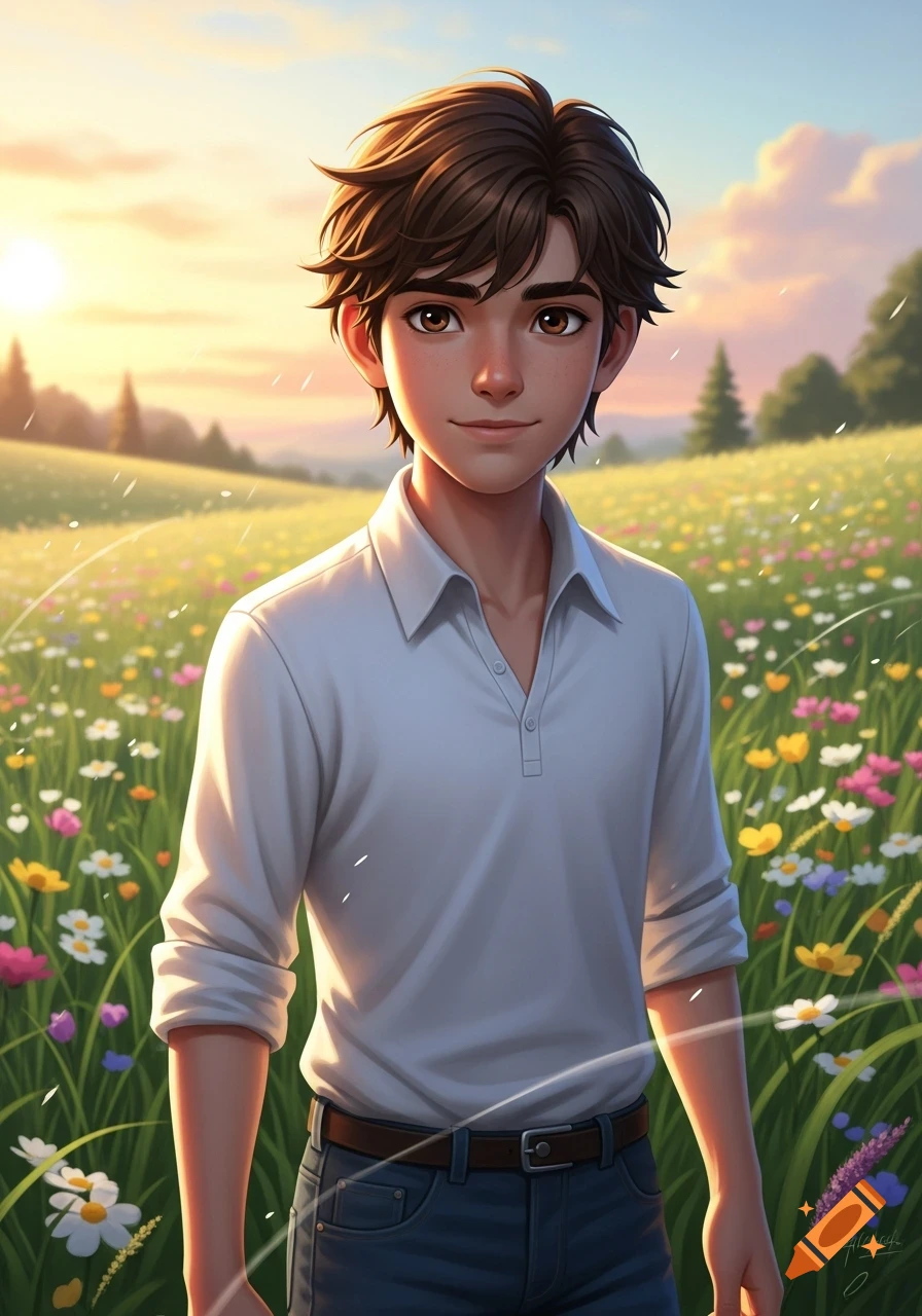 An anime-style brown-haired boy in a white polo shirt smiles softly, standing in a vibrant wildflower field at sunset.