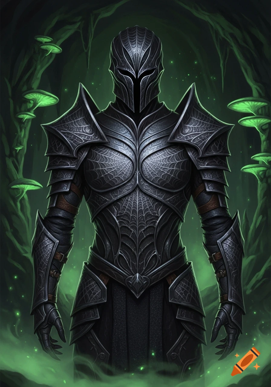 A dark knight in intricate spider silk full plate armor stands in a glowing green cave with mushrooms, concept art.