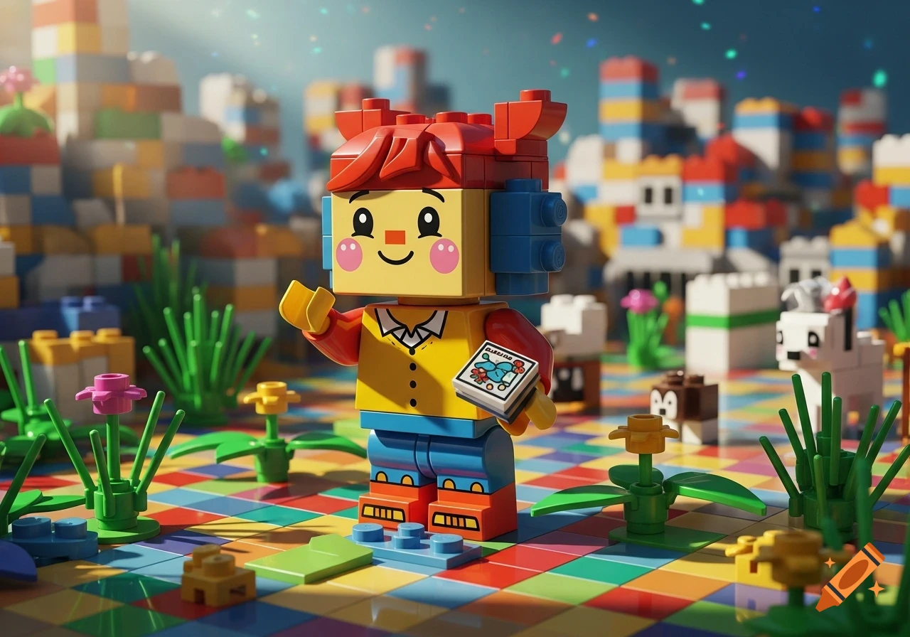 A cute Lego figure with red hair waves in a vibrant Lego city with grass and flowers.