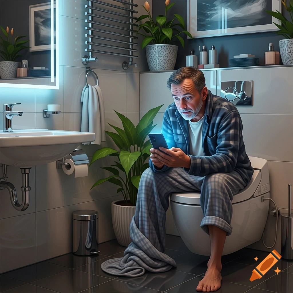 A man in pajamas sits on a toilet in a modern bathroom, looking intently at his glowing smartphone.