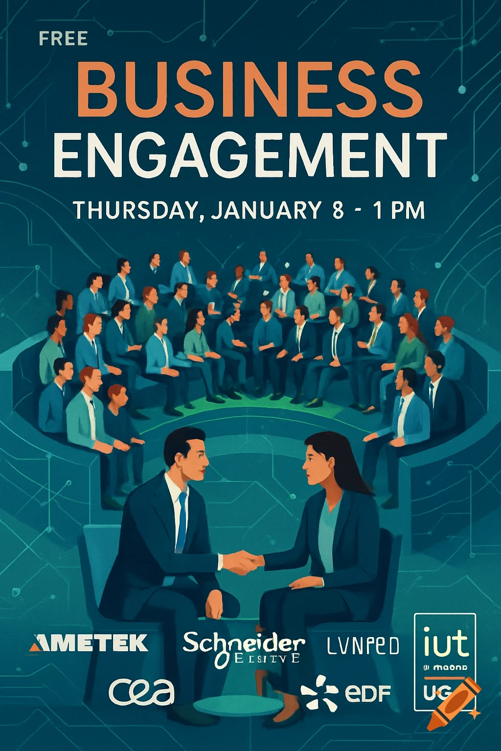 An event poster depicting two business people shaking hands in the foreground, with many others seated in an auditorium behind them, against a blue background with circuit patterns.