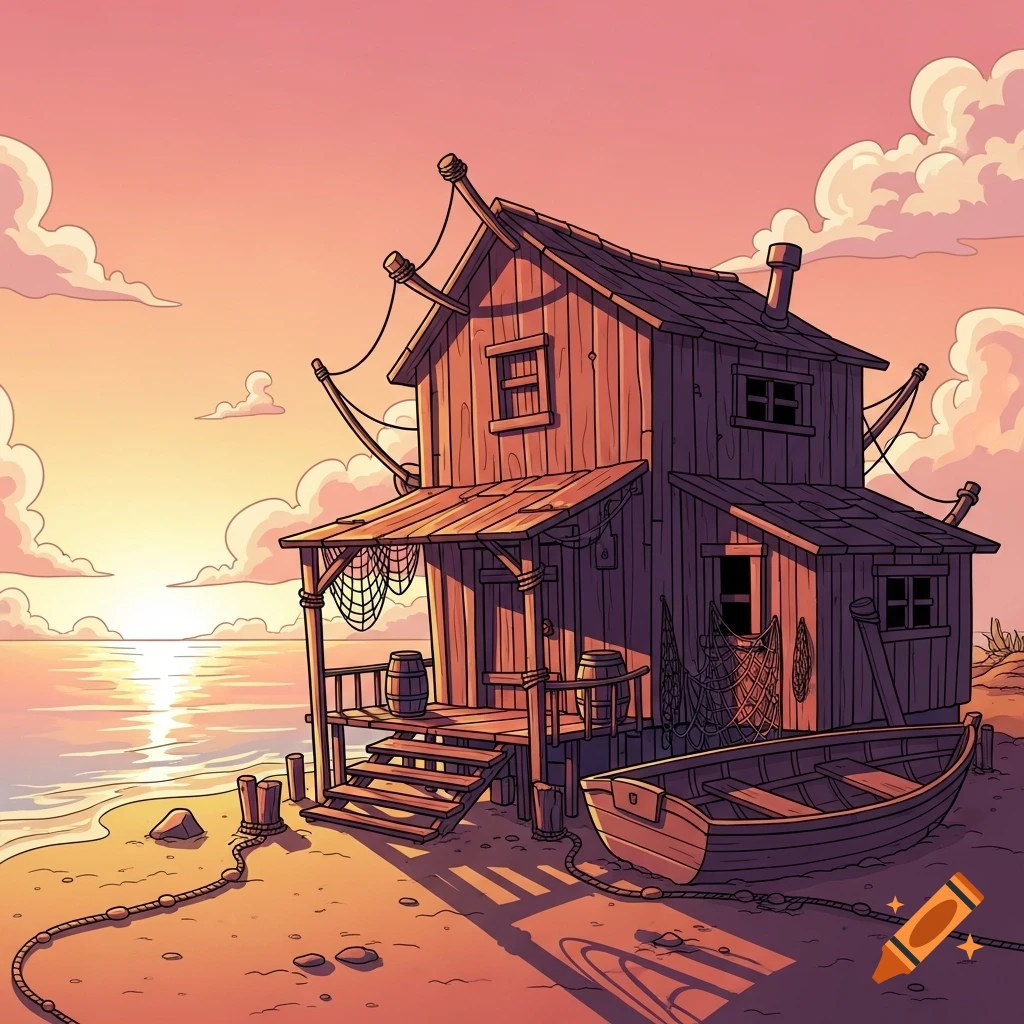 Cartoon illustration of an old wooden fisherman shack on a sandy beach at sunset, with a small boat nearby.