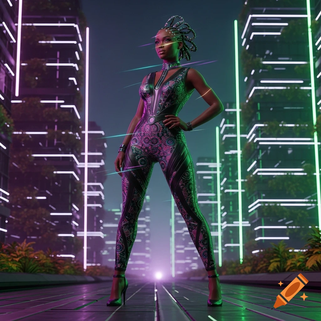 A futuristic African woman in a patterned jumpsuit and high heels stands in a neon-lit cityscape at night.