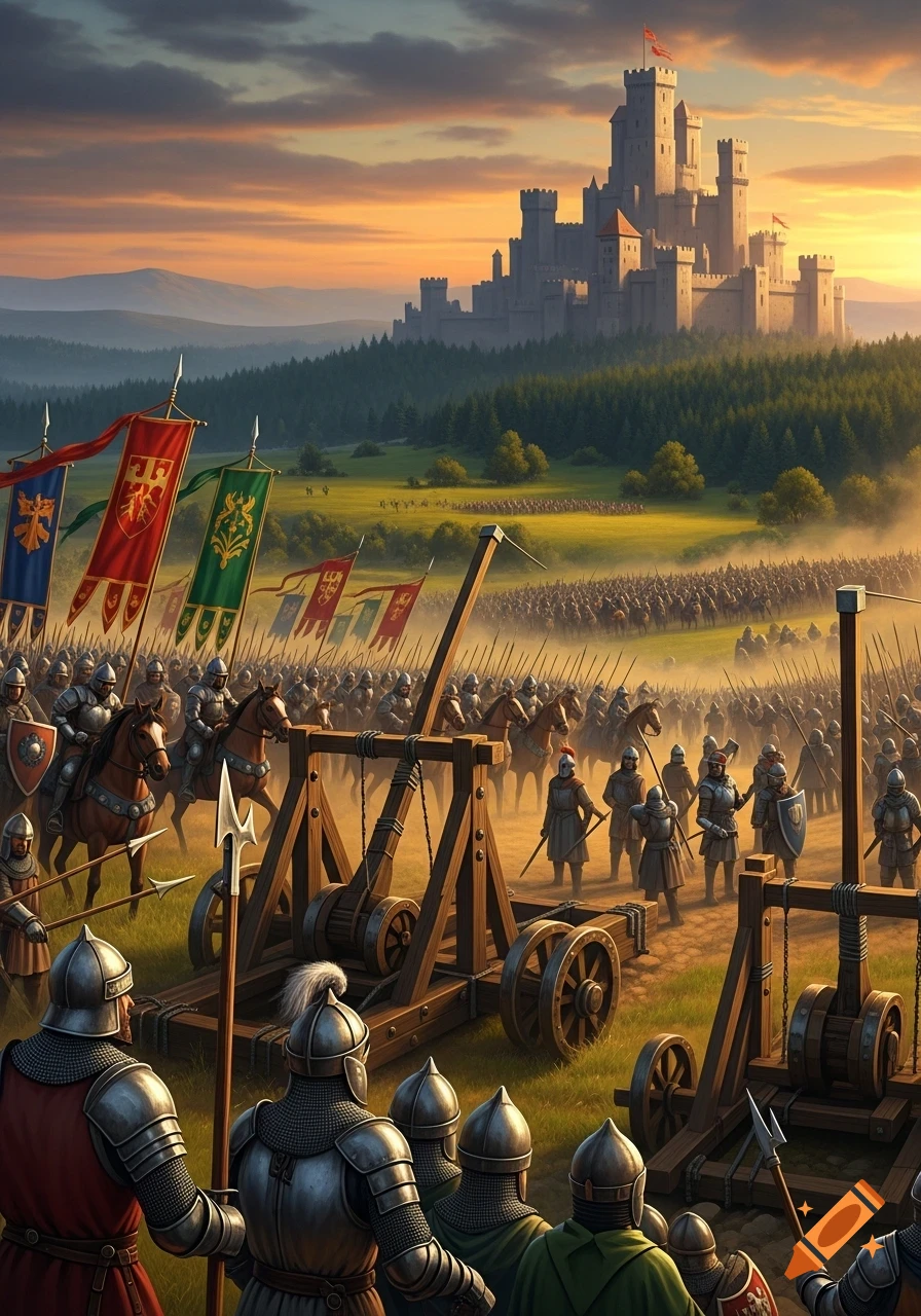 A large medieval army with siege weapons and colorful banners stands before a majestic castle at sunset.