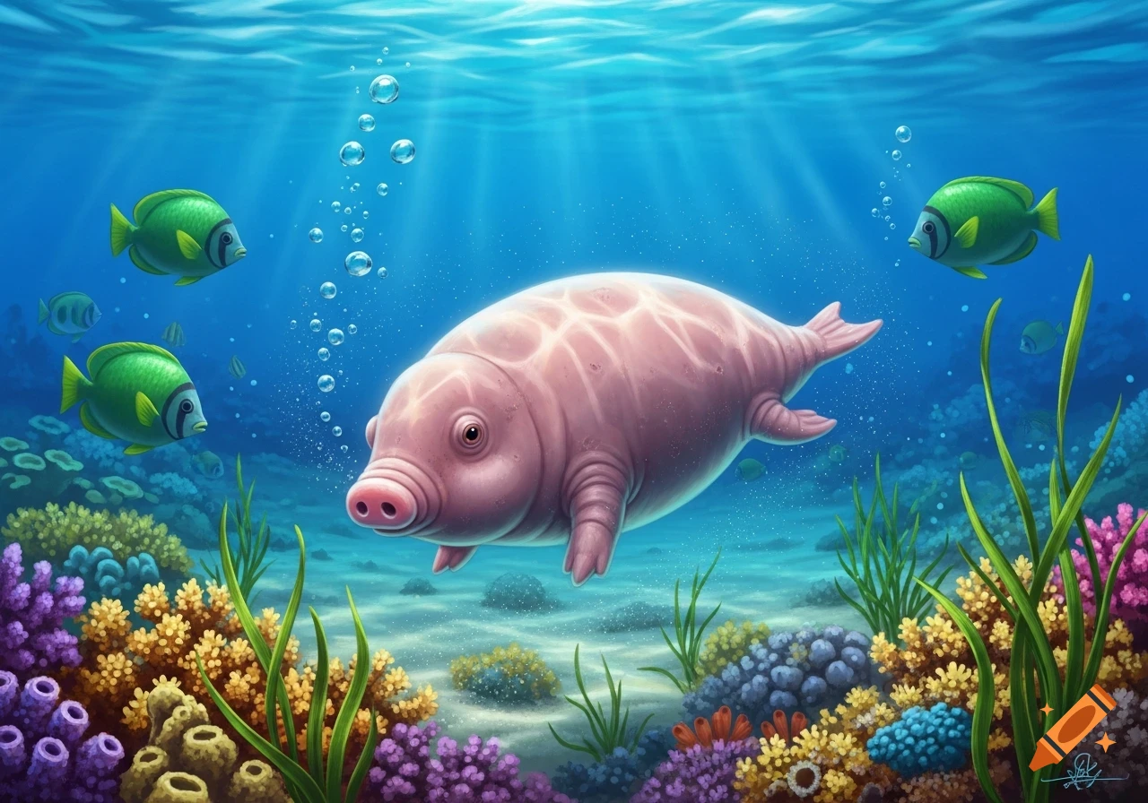 A cute, pink, pig-like creature with fins swims in a vibrant blue ocean amidst colorful coral and green fish, with sun rays piercing the water.