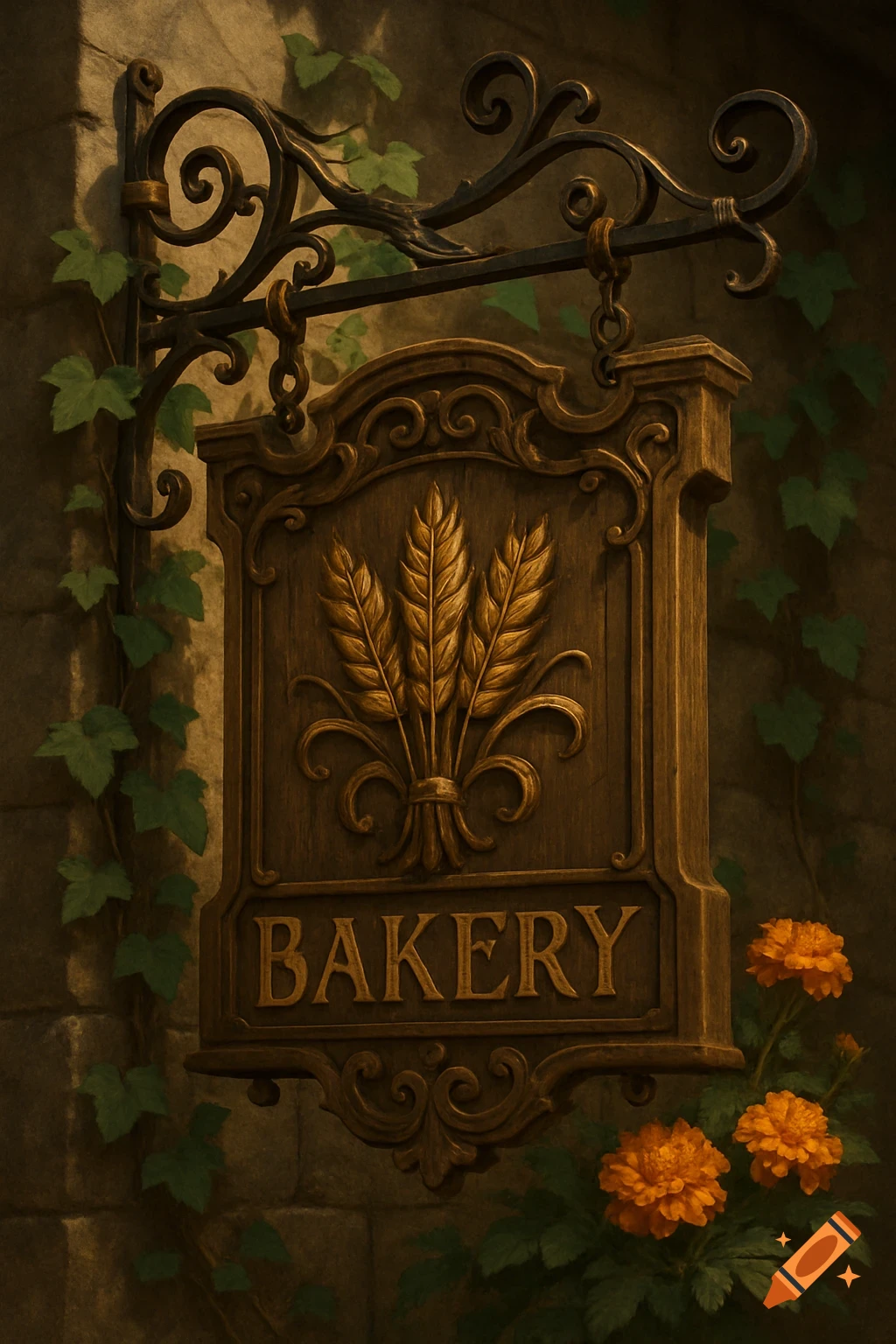 An ornate wooden bakery sign with golden wheat and 'BAKERY' text hangs on a stone wall with ivy and orange flowers.