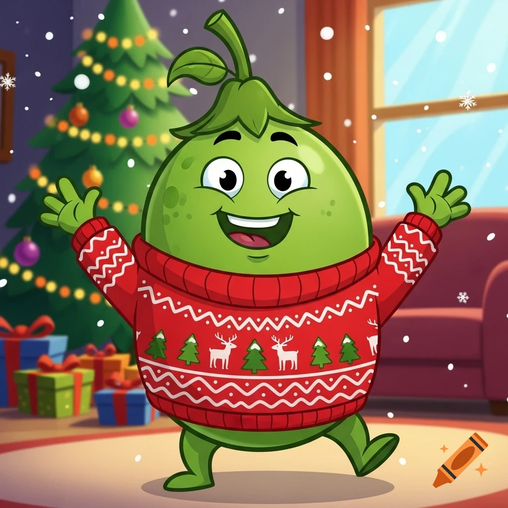 A cheerful cartoon pea character in a red Christmas jumper waves in a festive room with a decorated Christmas tree and falling snow.