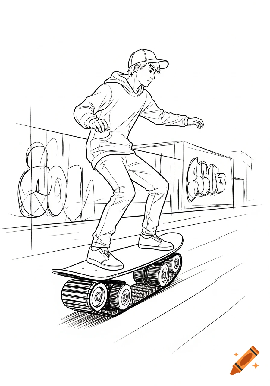Line art drawing of a teenager riding a skateboard with tank treads in an urban setting with graffiti.