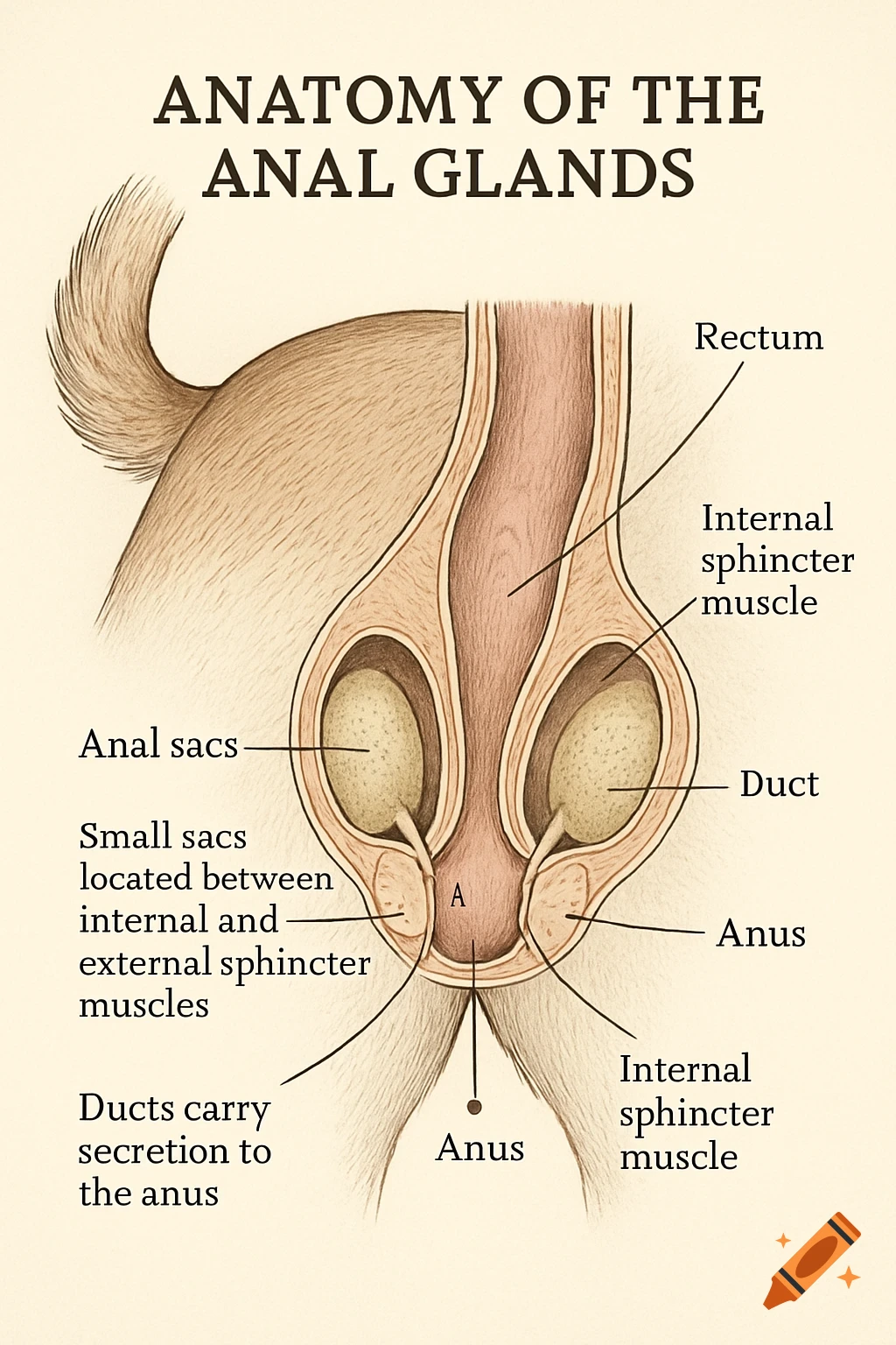 Detailed scientific illustration of canine anal gland anatomy, showing rectum, anal sacs, ducts, and sphincter muscles.