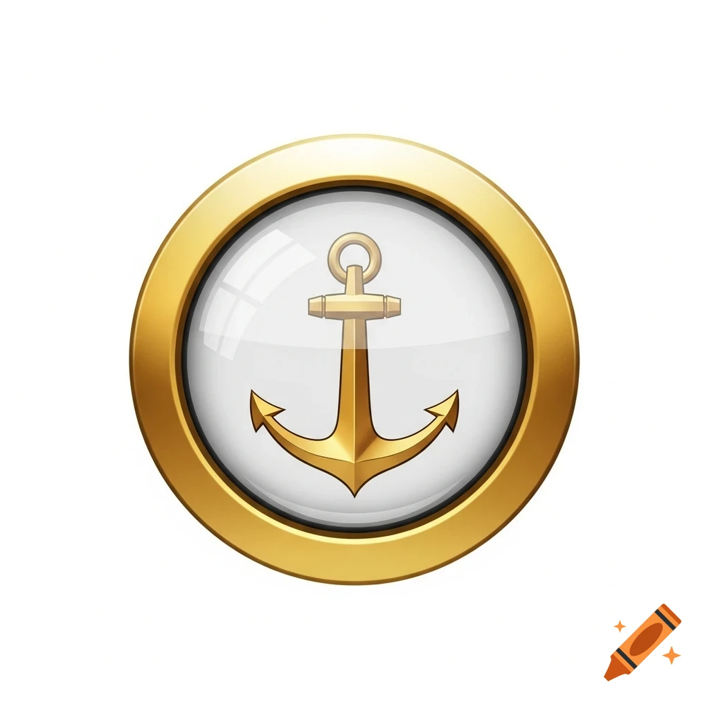 Gold nautical button featuring an anchor design in a glass-like center, on a white background.