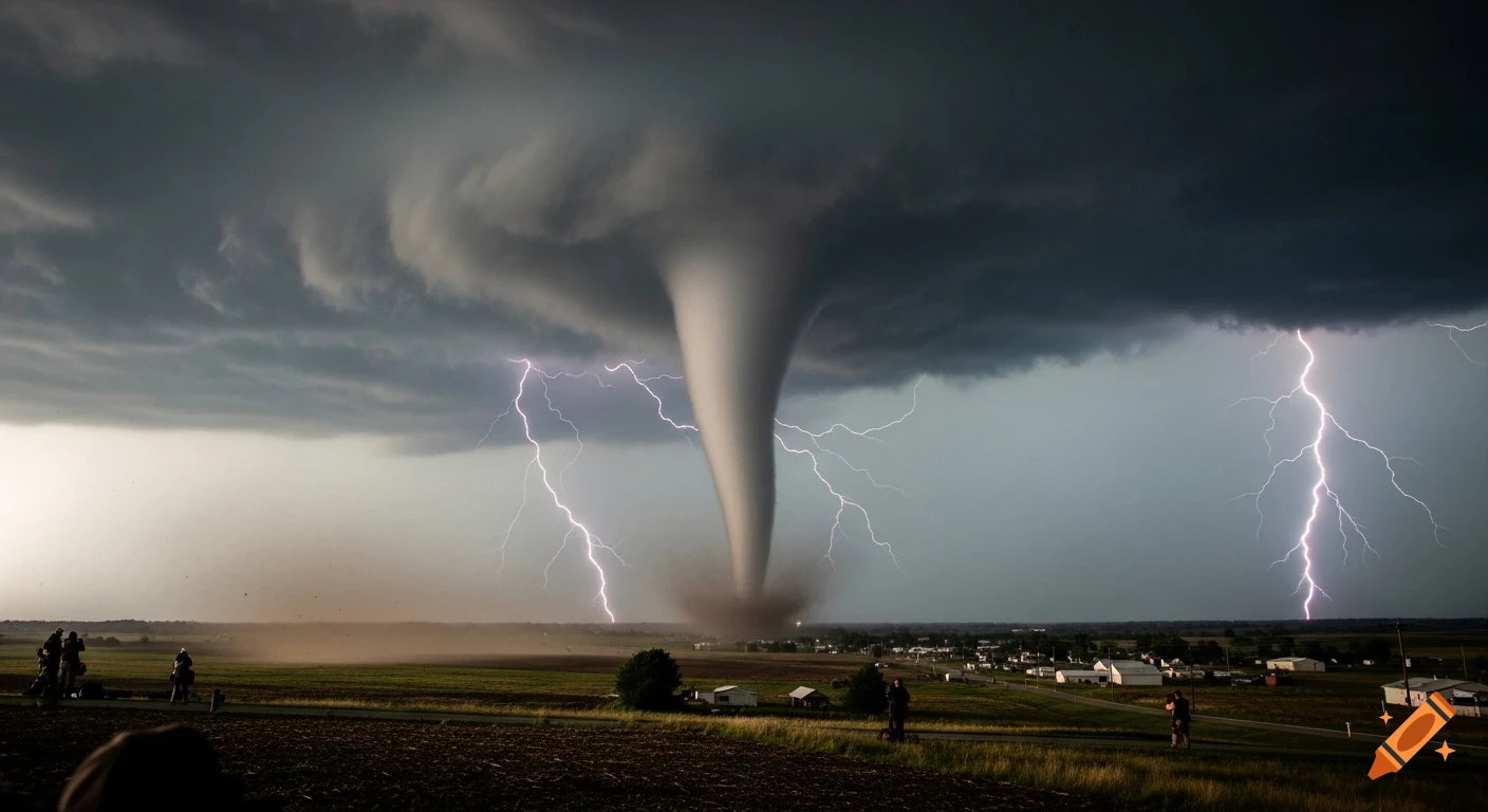 A massive, deadly wedge tornado looms over a small town with dramatic lightning flashes across a dark, stormy sky, as storm chasers observe from a field in the foreground.