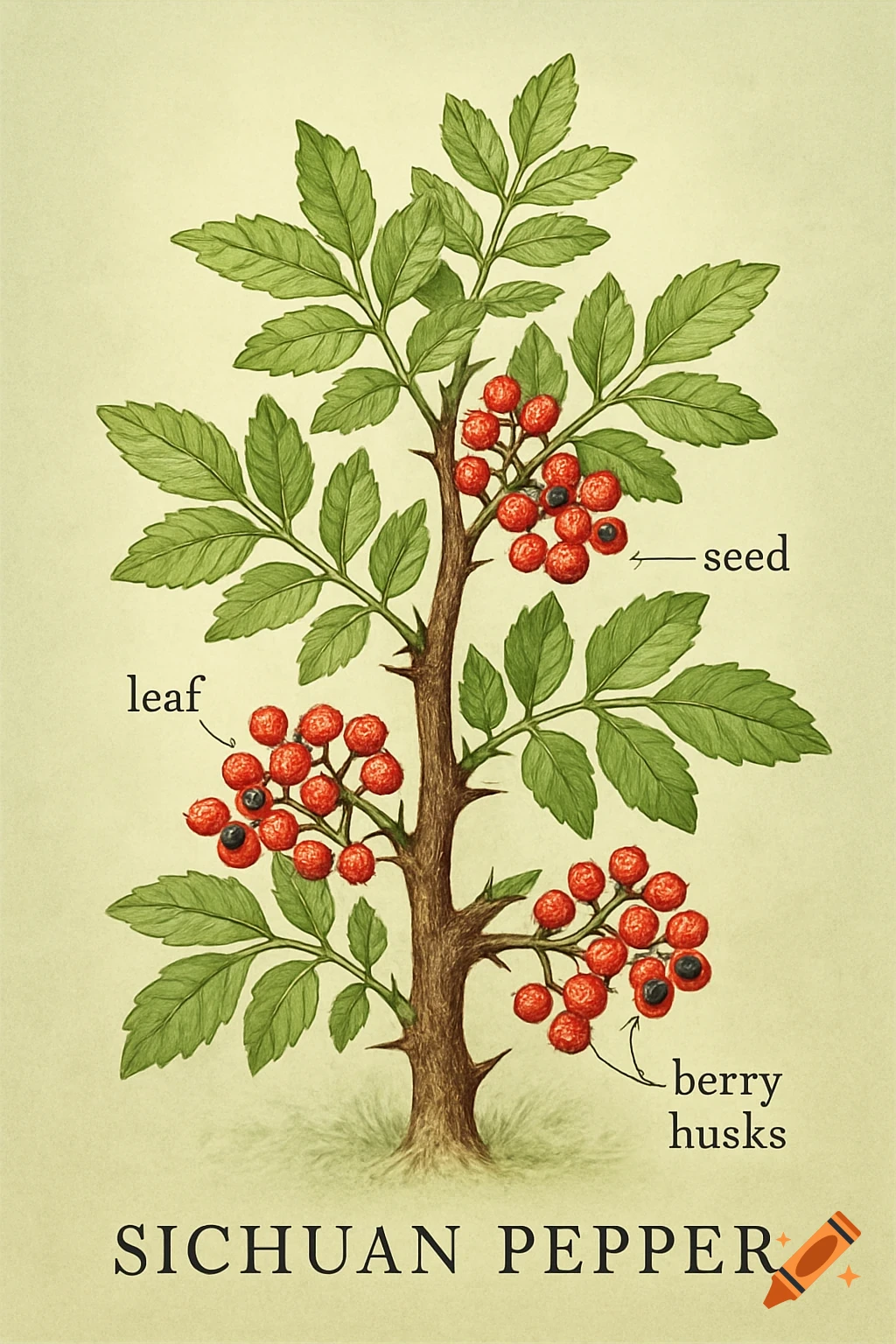 Botanical illustration of a Sichuan pepper plant with green leaves, red berries, and labeled parts including 'leaf', 'seed', 'berry husks', and the title 'SICHUAN PEPPER'.