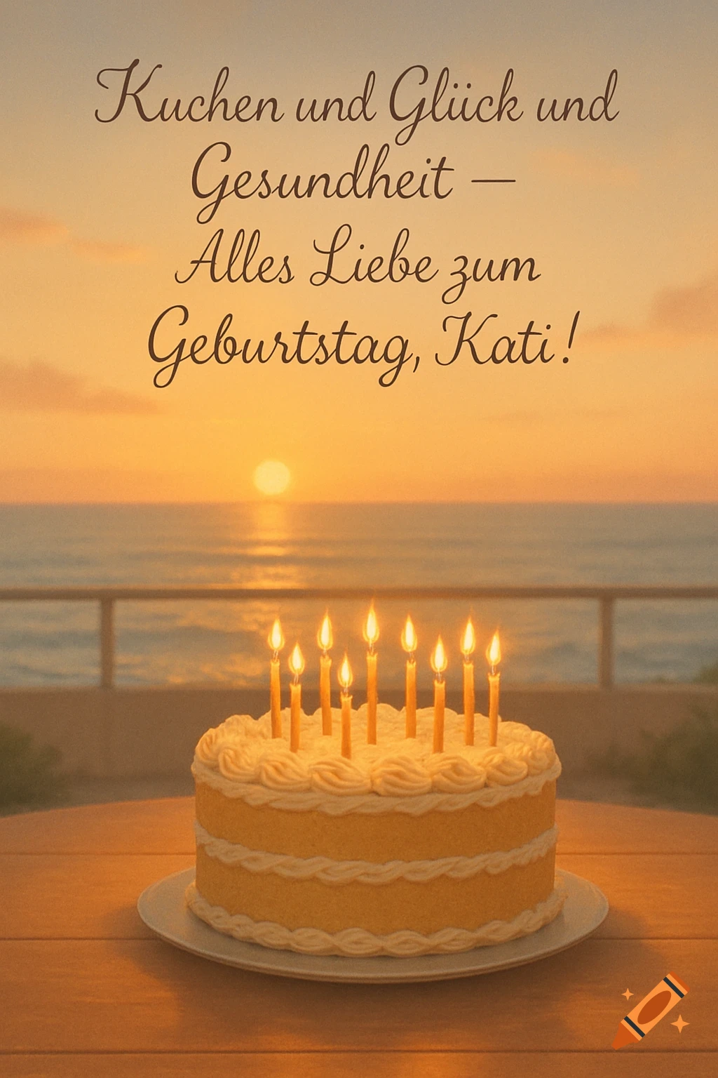 A realistic birthday cake with lit candles on a wooden table, overlooking a serene ocean sunset with warm light and German text.