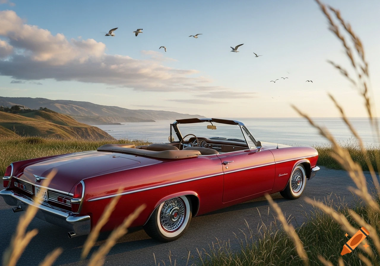 A red classic convertible car is parked on a scenic coastal road ...