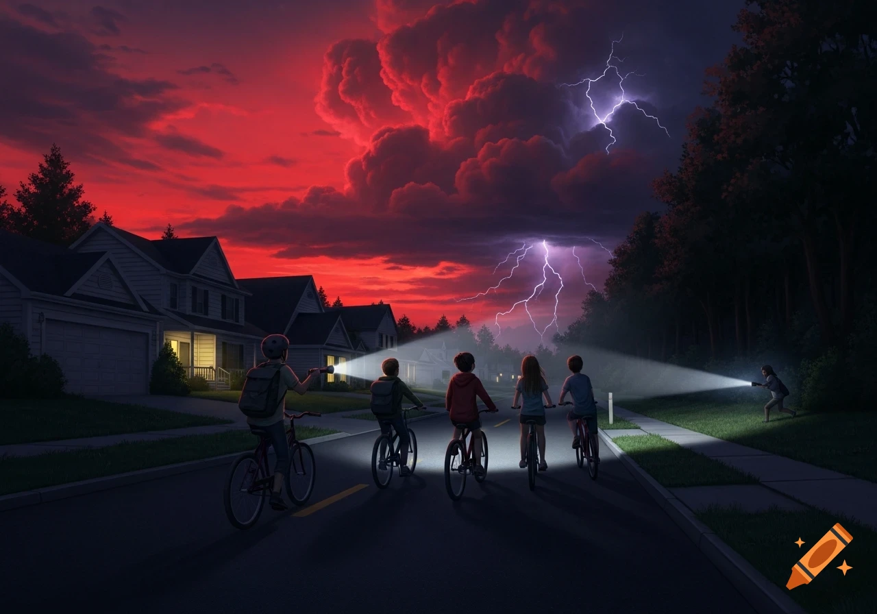 Five kids on bikes ride down a suburban street at dusk under a red stormy sky with lightning, one shines a flashlight into dark woods.
