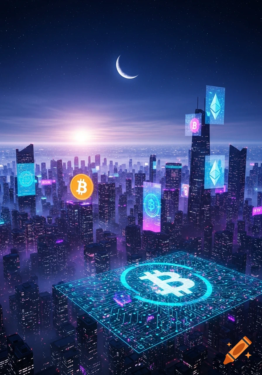 A futuristic city at night with neon-lit skyscrapers under a starry sky and crescent moon, displaying glowing Bitcoin and Ethereum symbols.