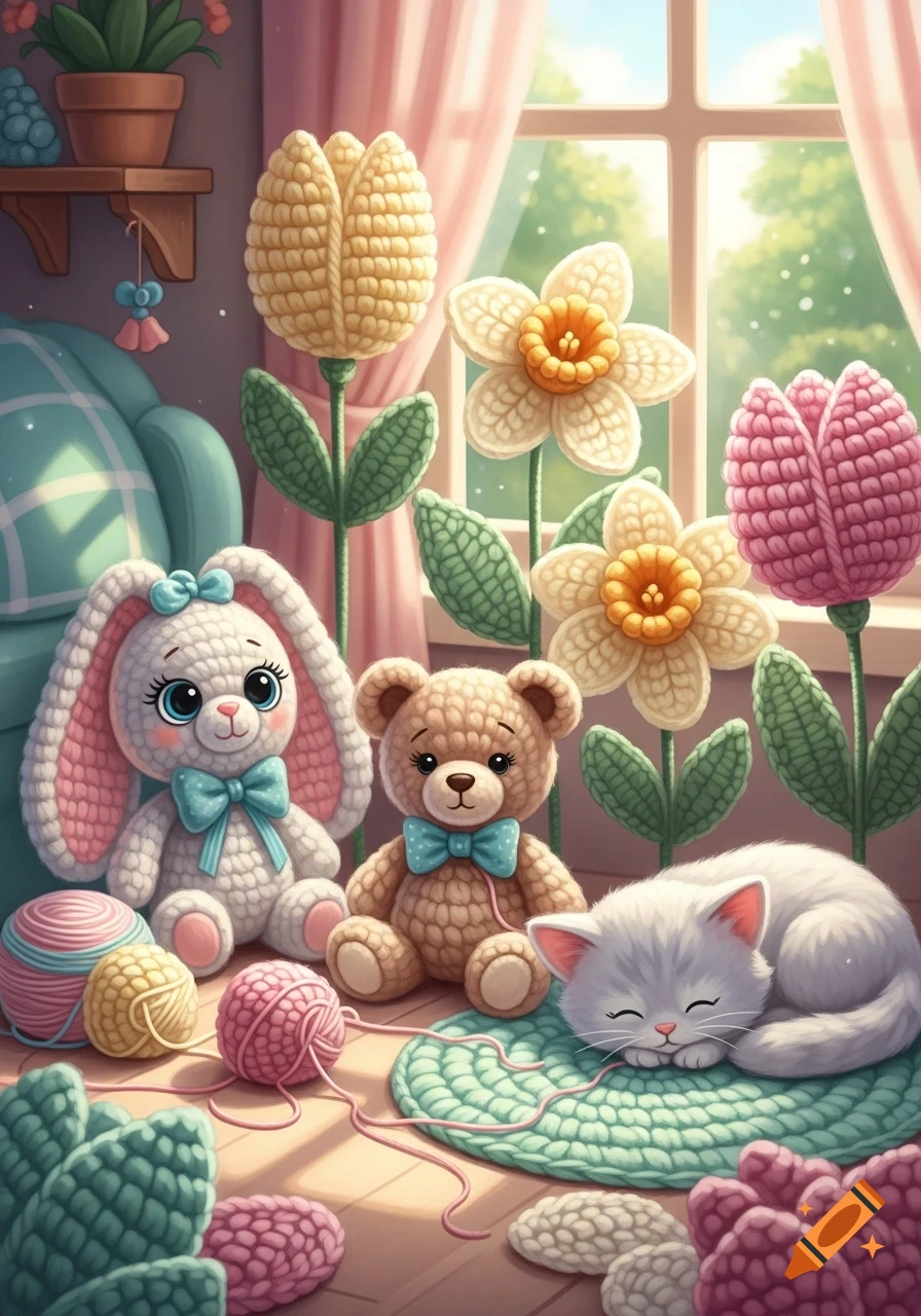 A cute crochet bunny, teddy bear, and sleeping kitten surrounded by yarn balls and crochet flowers in a cozy, bright room.