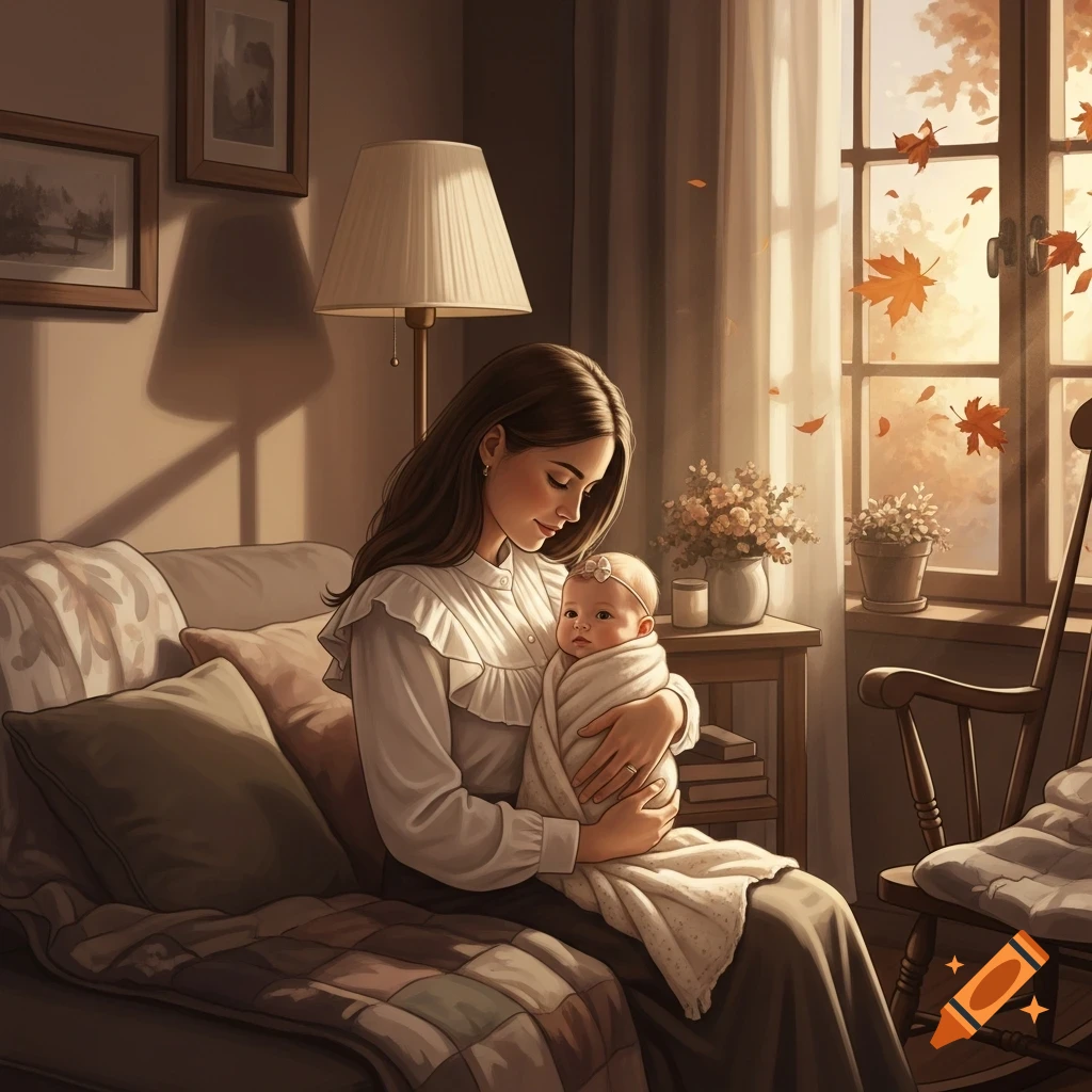 A mother gently holds her baby in a sunlit room with autumn leaves outside the window, in a warm, illustrative style.