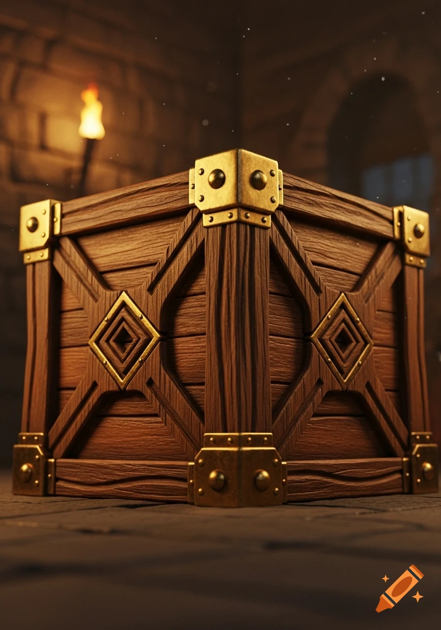 A close-up of a richly detailed wooden loot crate with brass corner protectors and decorative diamond-shaped inlays, lit by a distant torch.