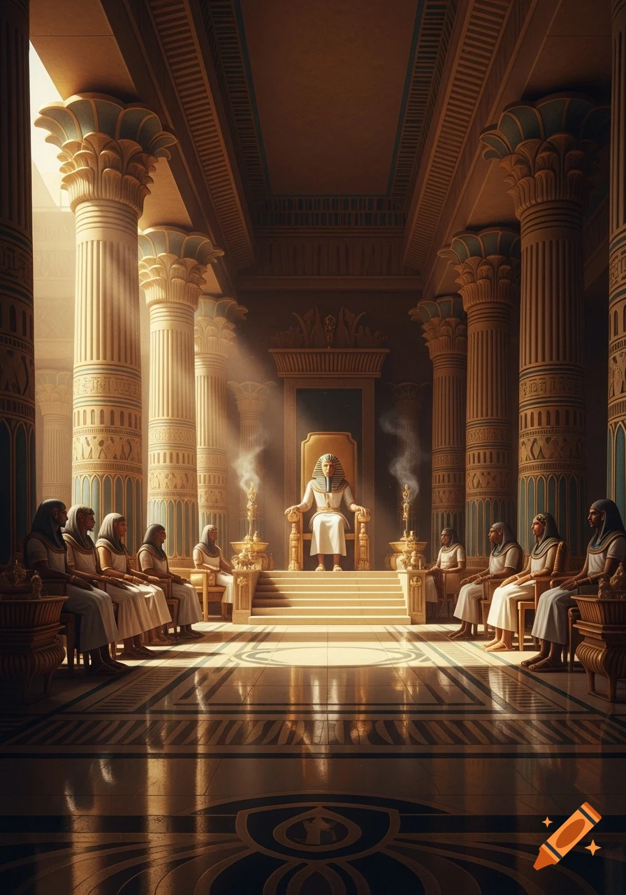 A pharaoh on a golden throne in a grand ancient Egyptian hall, with columns and seated advisors, bathed in light.