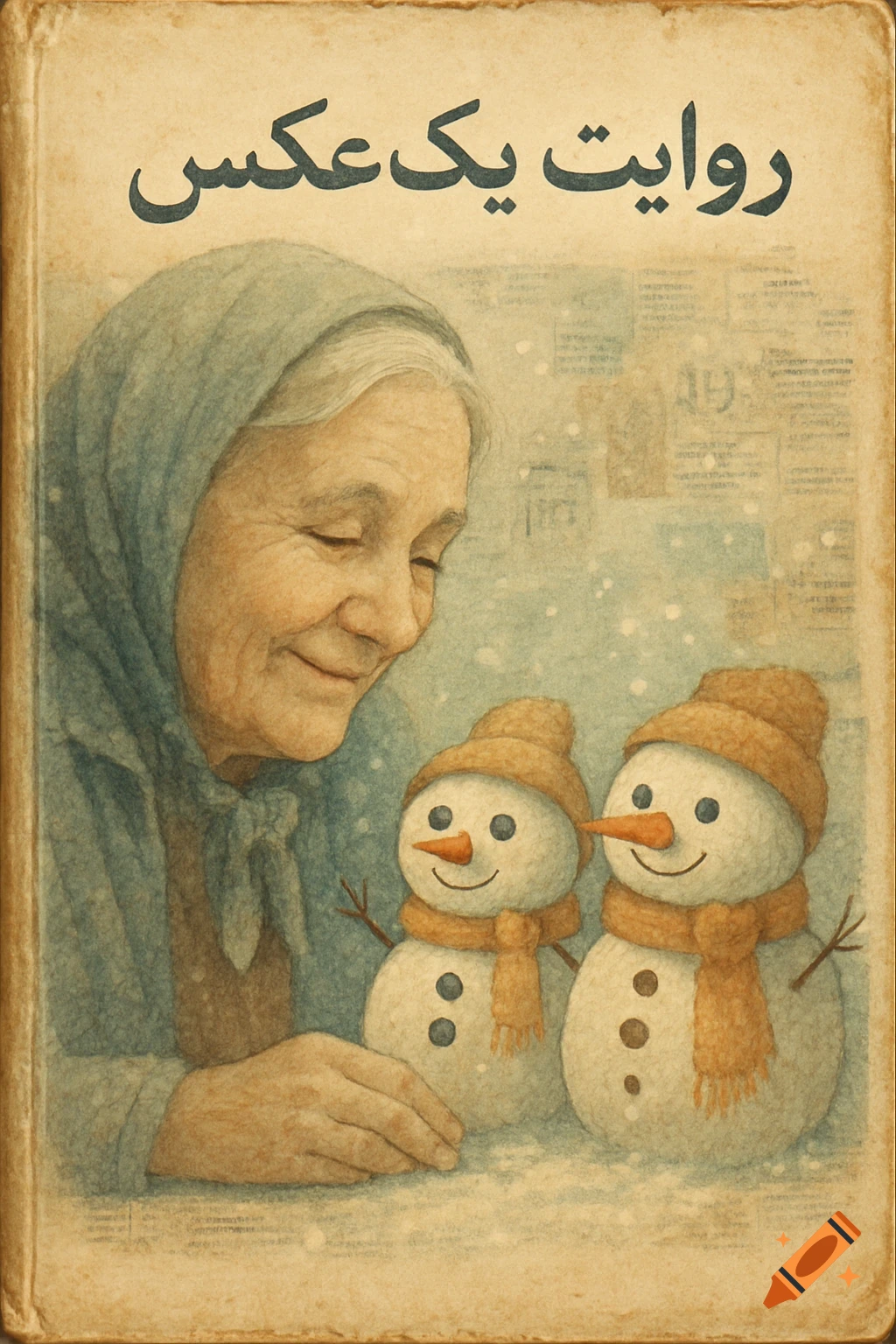Vintage collage book cover with an old woman looking tenderly at two snowmen amidst falling snow. Nostalgic art.