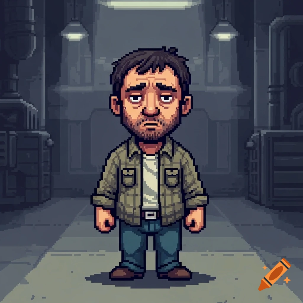 Exhausted male factory worker pixel art sprite, facing forward with a depressed expression, set against a dark industrial background.