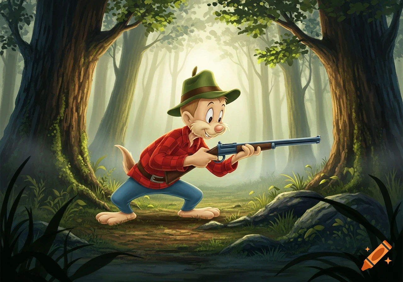 A cartoon hunter resembling Elmer Fudd crouches in a foggy forest, holding a rifle.