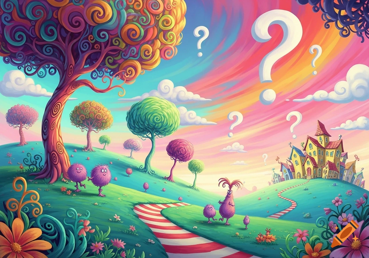 A whimsical Dr. Seuss-style landscape featuring colorful, swirling trees, fuzzy purple creatures, fantastical houses, and large question marks floating in a vibrant pink and blue sky.