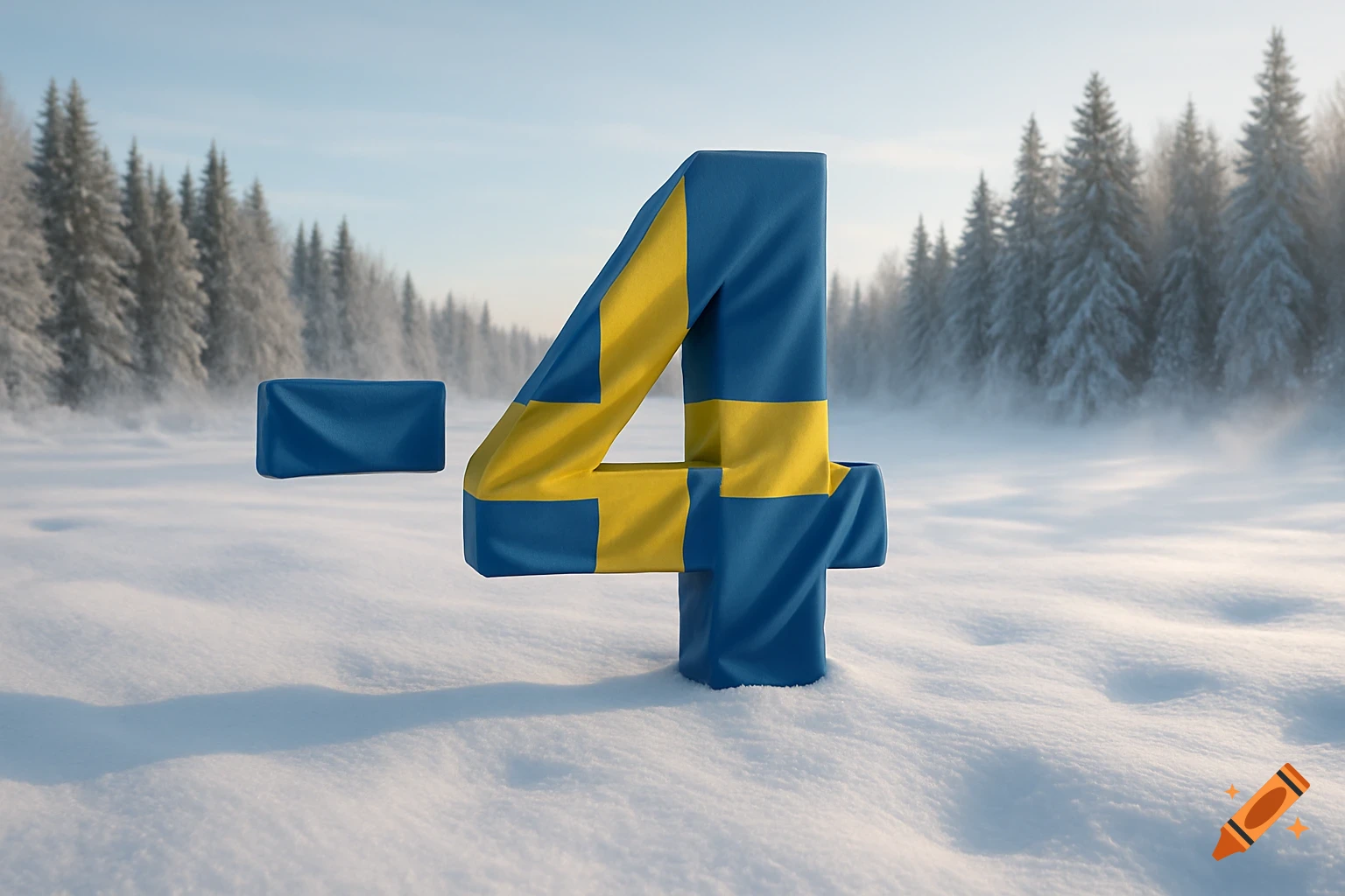 A number 4 textured with the Swedish flag and a blue rectangular object in a snowy winter forest.