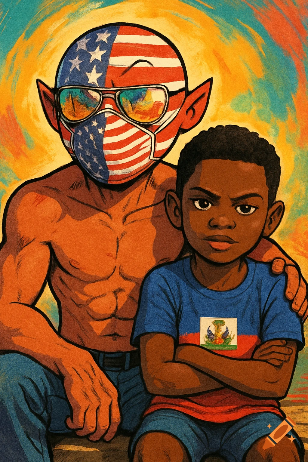 An American flag-themed character with sunglasses and a mask hugs a Haitian boy in a blue shirt with a flag emblem, in a vibrant illustration style.