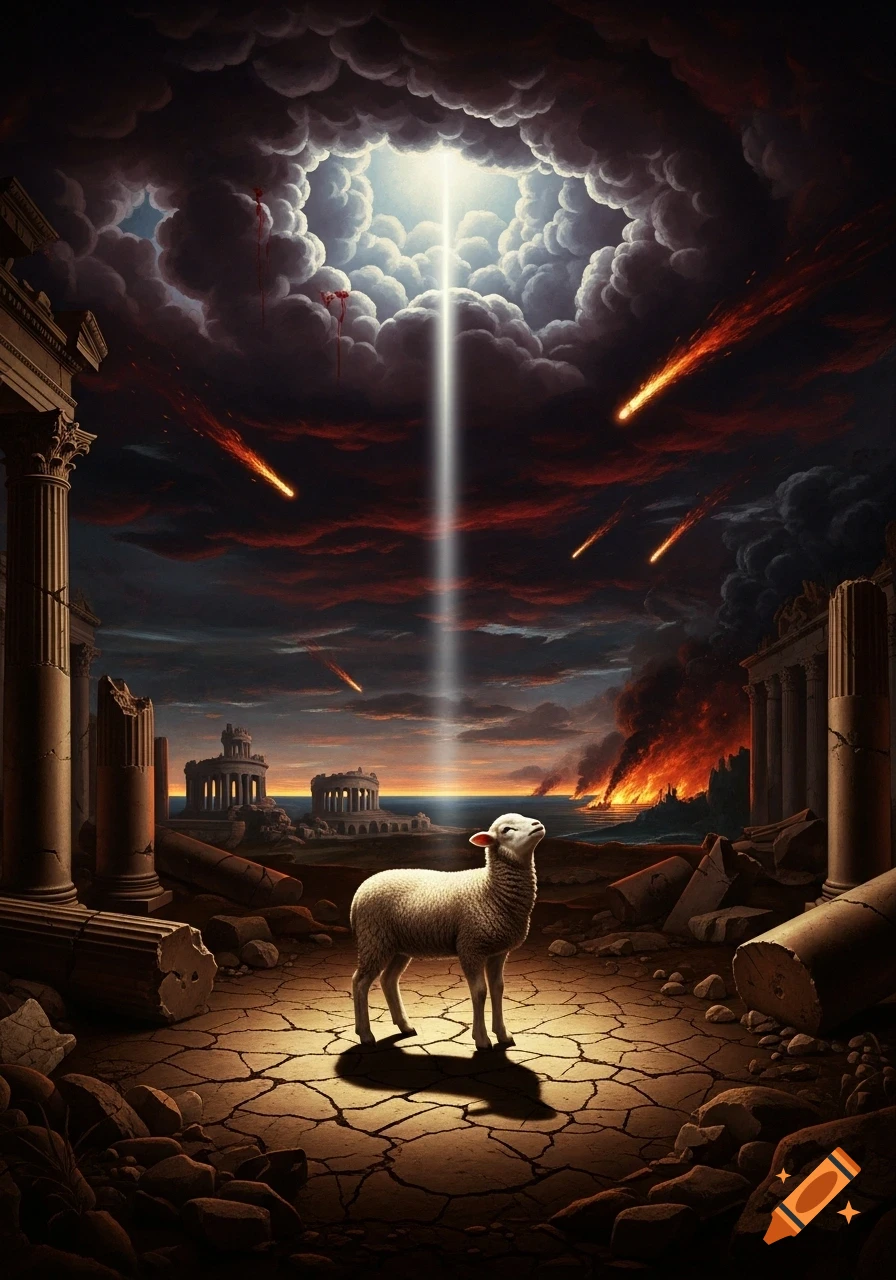 A lone lamb bathed in a bright light beam on cracked earth amidst ancient ruins under a stormy, apocalyptic sky with meteors and distant fires.