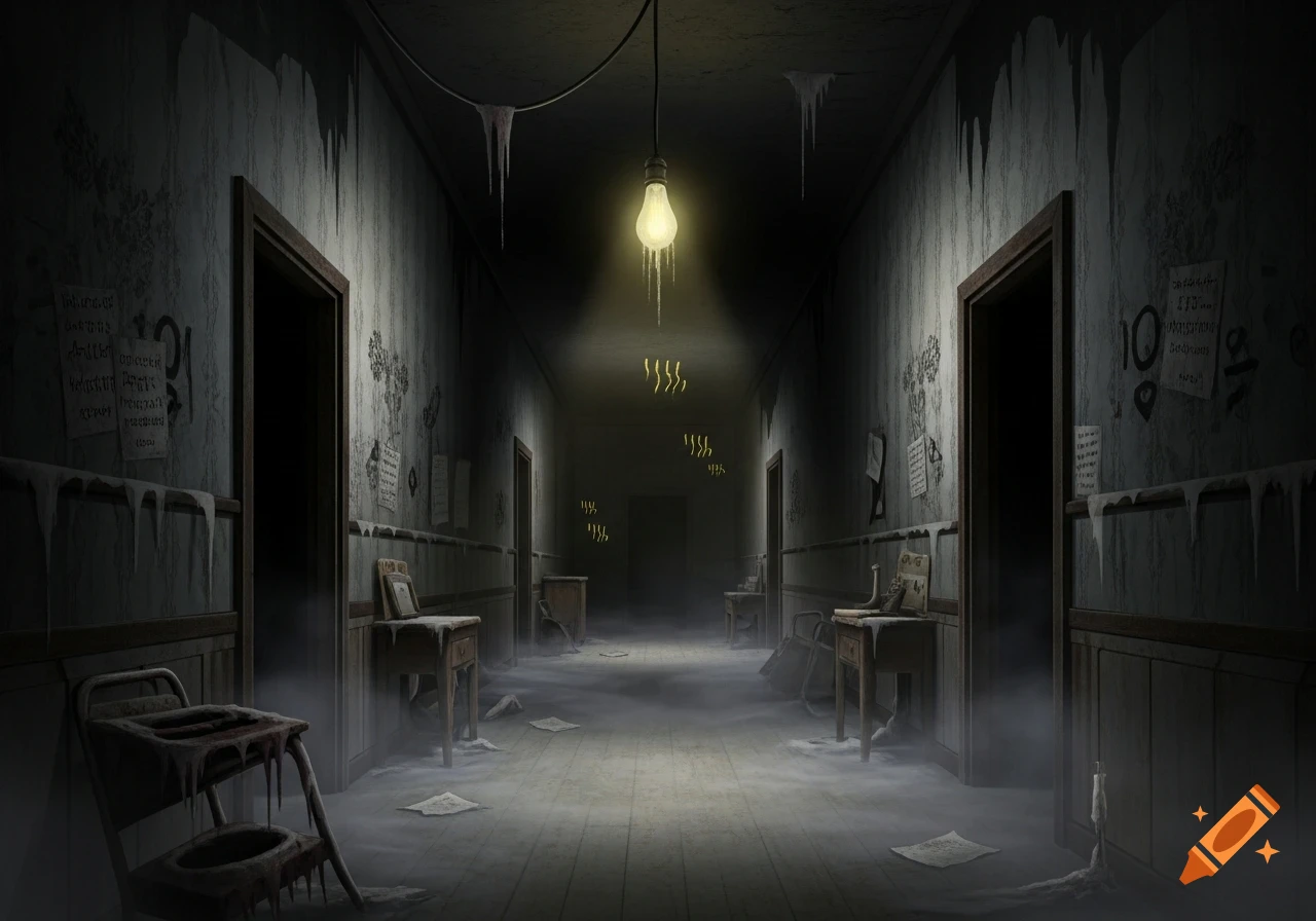 A dimly lit, icy, and abandoned hallway with peeling wallpaper, broken furniture, and papers scattered on the floor, creating a spooky atmosphere.