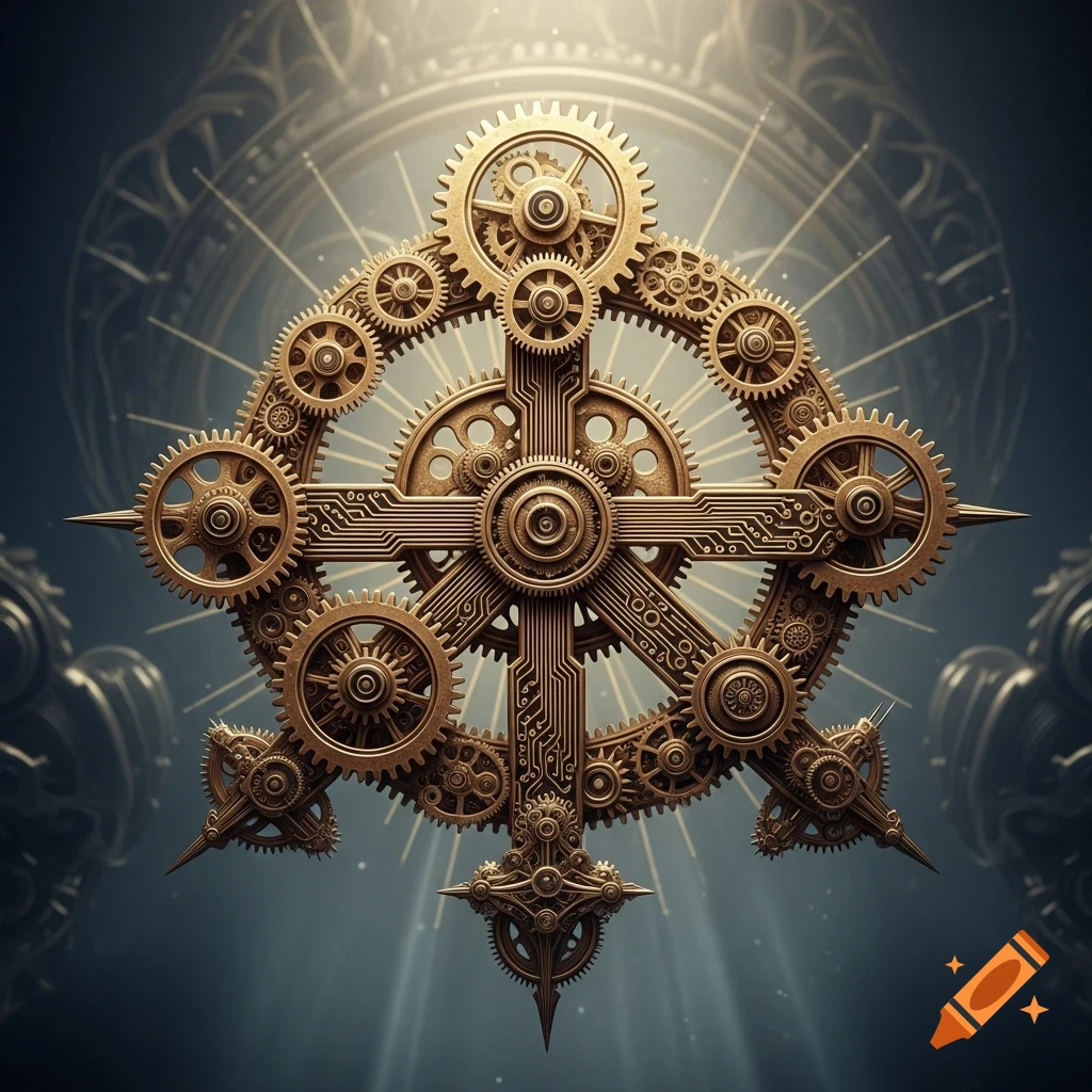 A complex steampunk-style religious symbol made of interconnected brass gears and circuitry, glowing with light against a dark background.