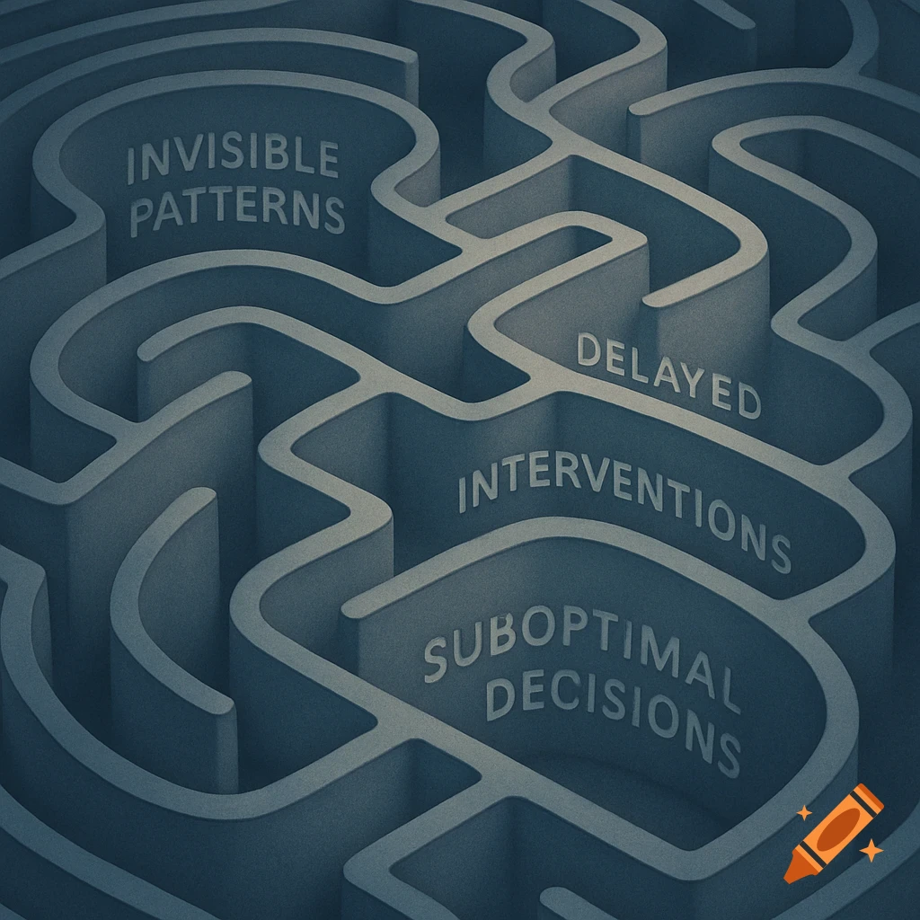 An aerial view of a dark blue 3D maze with words like 'Invisible Patterns' and 'Suboptimal Decisions' carved into its paths.