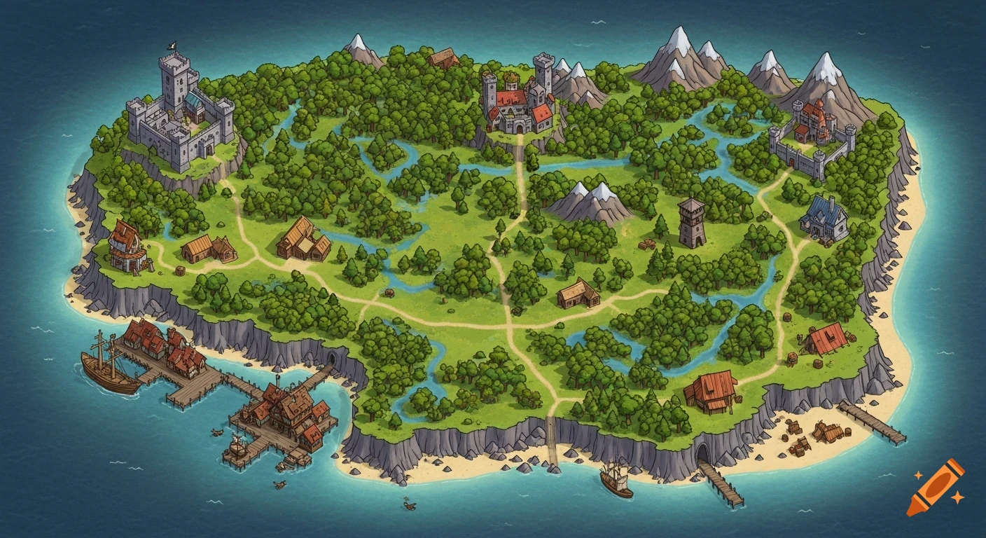 A detailed, colorful fantasy map of a pirate island with castles, villages, forests, mountains, and a port.