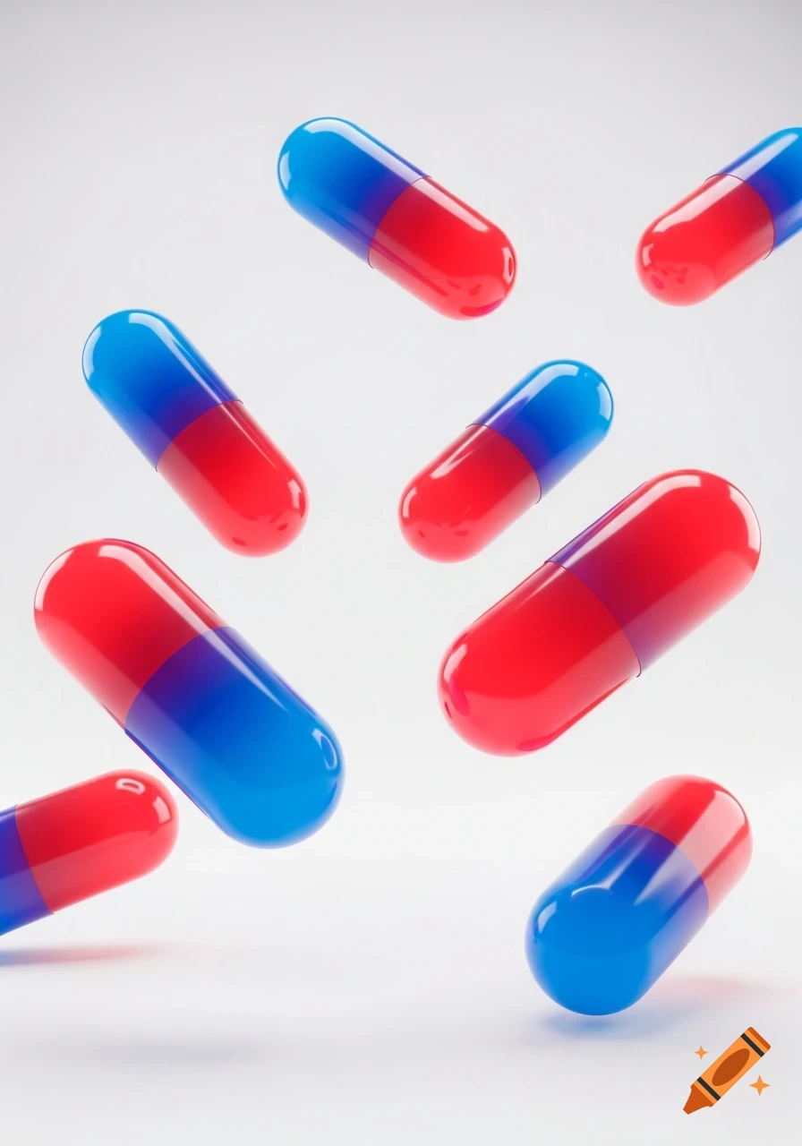 Multiple glossy red and blue pill capsules, some iridescent, float against a clean white background.