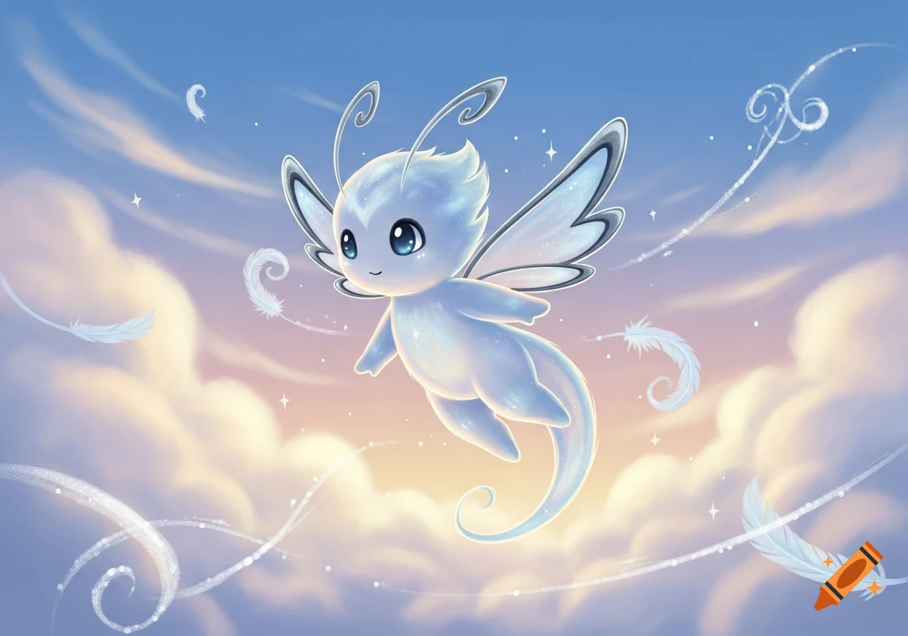 A cute, glowing, light blue fairy-like creature with wings and antennae flies gracefully through a pastel sky filled with fluffy clouds, sparkling particles, and soft feathers.
