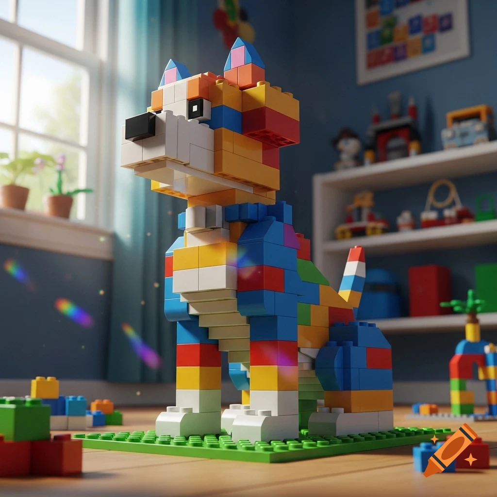 A colorful Lego dog stands on a green baseplate in a bright child's room, with shelves and a window in the background.