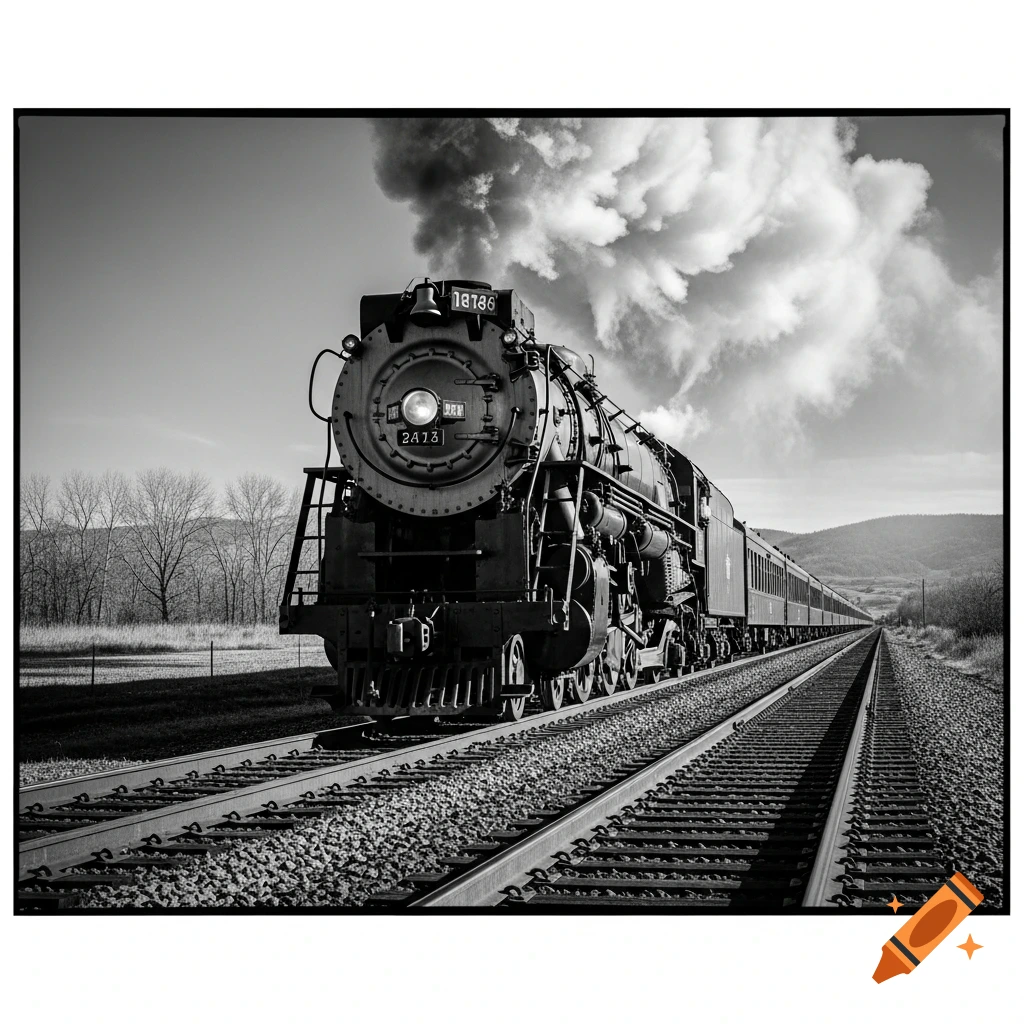 Black and white photo of a vintage steam train with smoke, traveling on tracks through a rural landscape.