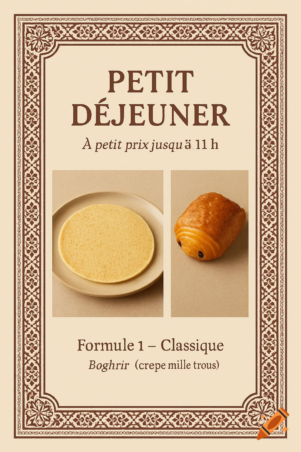 Breakfast menu poster with a Moroccan-style border on a beige background. It features text "PETIT DÉJEUNER" and "À petit prix jusqu’à 11 h". Below, two photos show a baghrir (pancake) on a plate and a pain au chocolat (chocolate croissant).