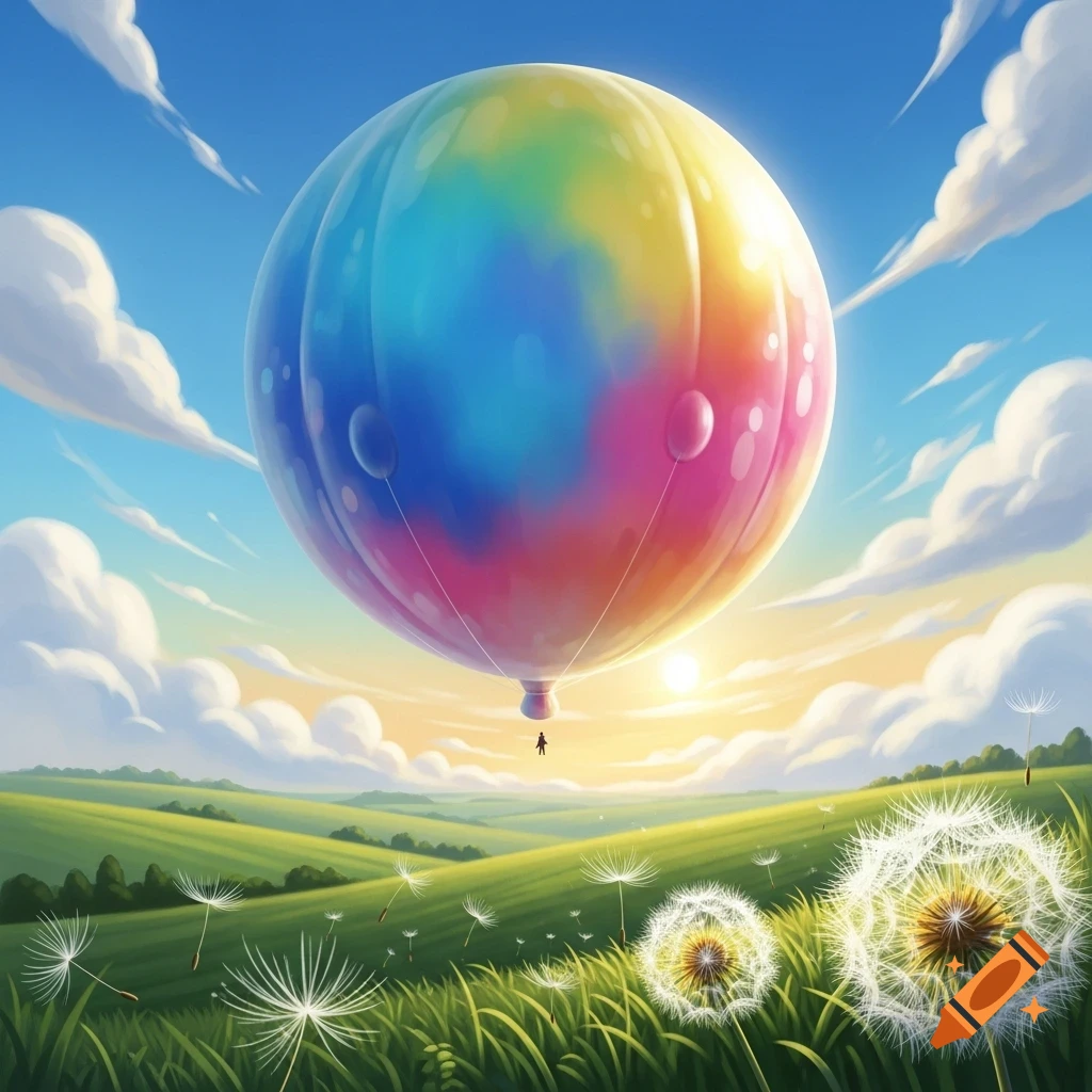 A large, vibrant rainbow-colored hot air balloon floats above a green field with dandelions under a blue sky, illustrative.