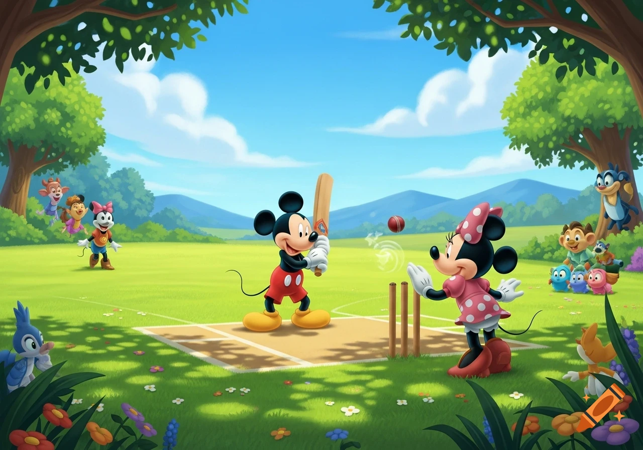 Mickey Mouse batting a red cricket ball while Minnie Mouse wicketkeeps in a sunny cartoon field with other characters.
