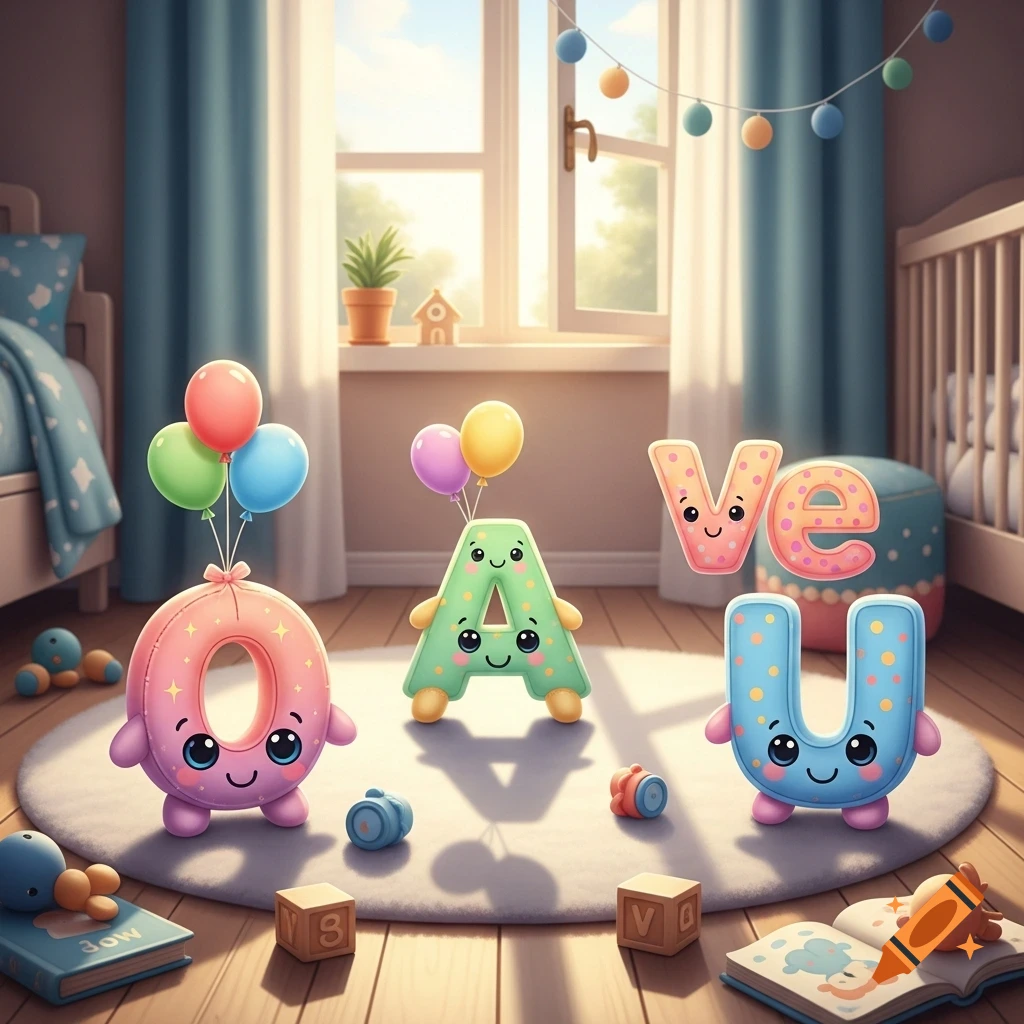 Colorful, anthropomorphic letter-shaped toys O, A, U, and ve, with balloons, in a sunny nursery room on a rug with building blocks and books.