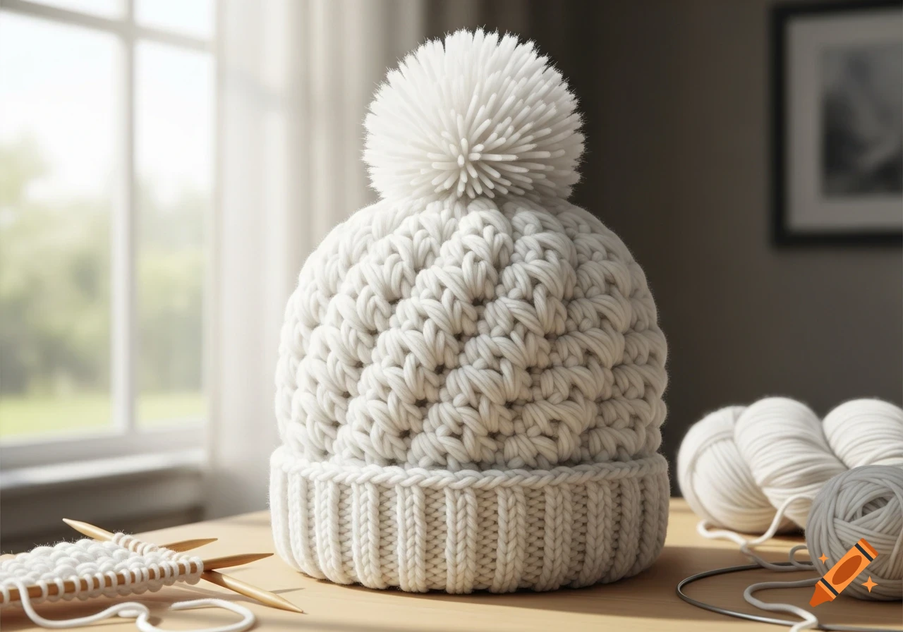 A white chunky knit beanie with a large pom-pom sits on a wooden table next to knitting needles and balls of white yarn.