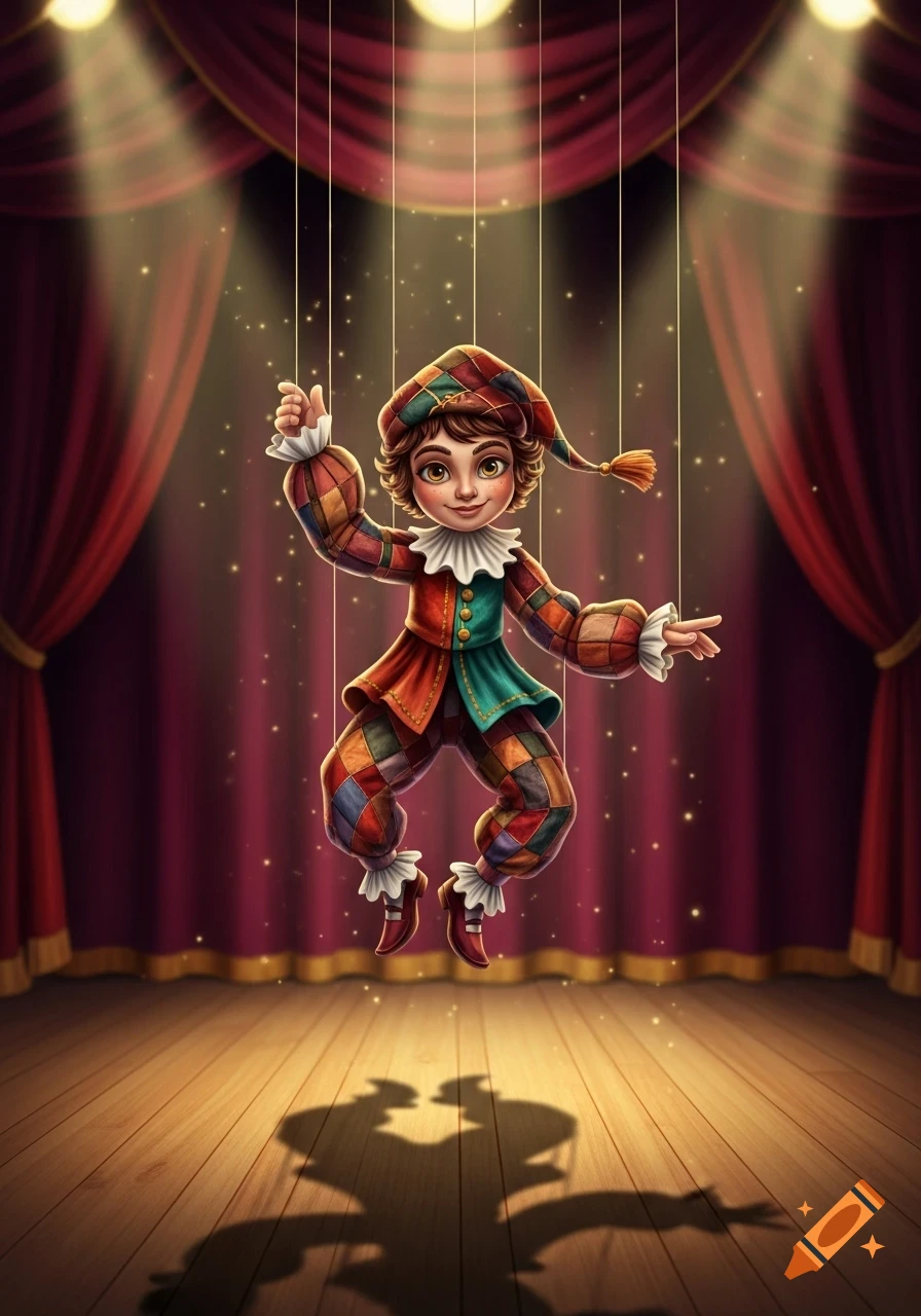 A colorful puppet with jester-like attire, suspended by strings, stands on a wooden stage with red curtains and spotlights.