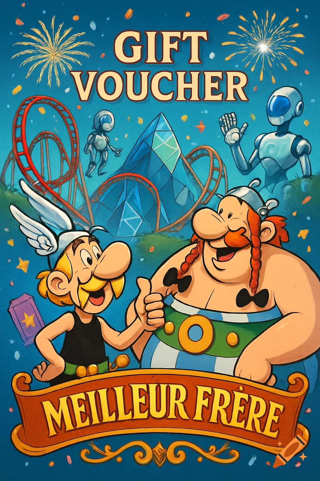 Cartoon gift voucher with Asterix and Obelix-like characters giving thumbs up, rollercoasters, robots, and fireworks. Text: 'GIFT VOUCHER MEILLEUR FRERE'.