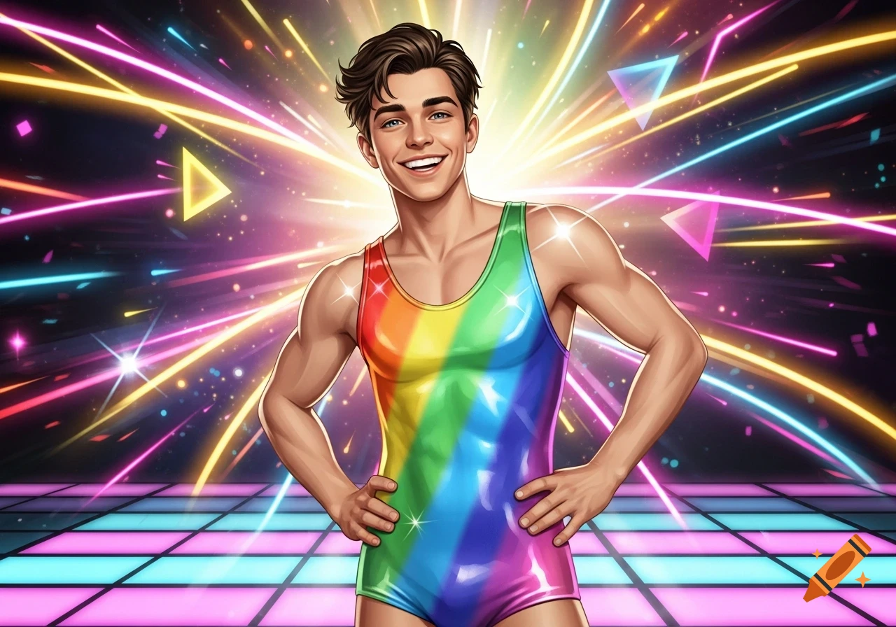 A smiling young man in a colorful shiny rainbow spandex leotard stands against a vibrant retro-futuristic disco background with neon lights.