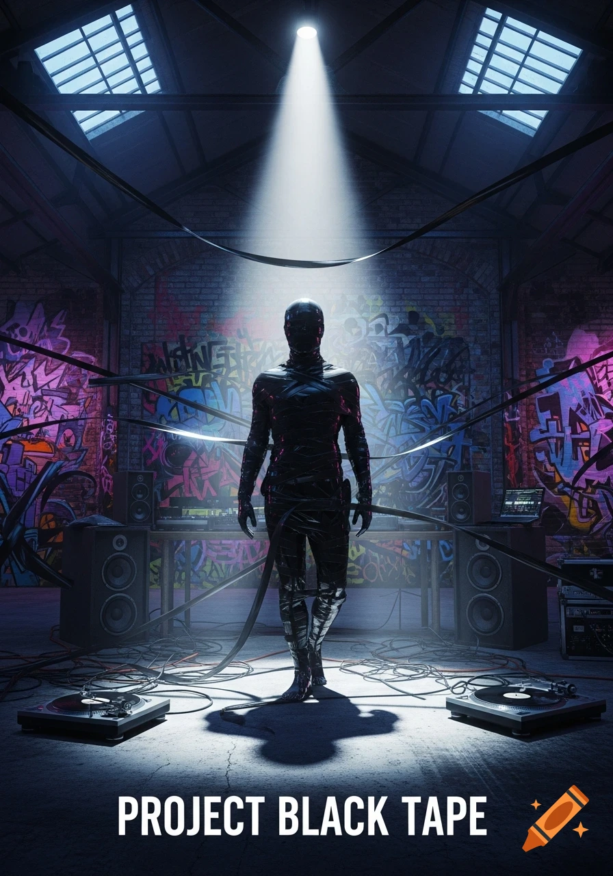 A figure in a black tape-wrapped suit stands under a spotlight in a graffiti-covered warehouse with DJ equipment. Text: PROJECT BLACK TAPE.