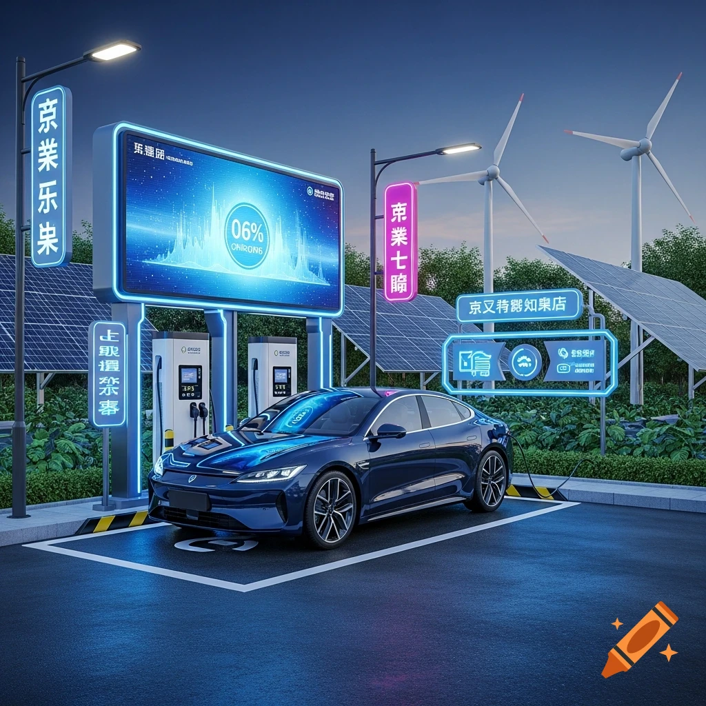A blue electric car charges at a modern station with solar panels and wind turbines under a twilight sky, featuring digital displays and neon signs.
